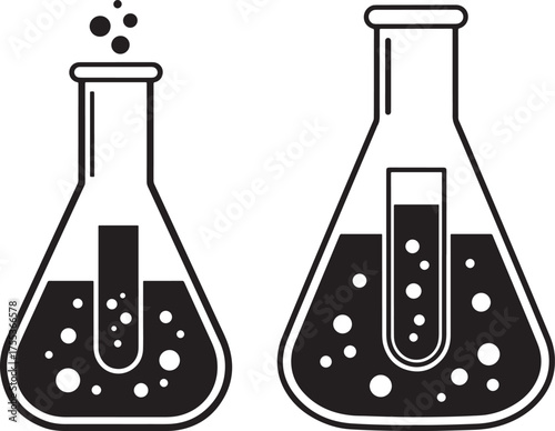 Two laboratory flasks with bubbles silhouette