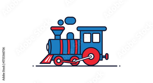 A charming cartoon illustration of a blue and red steam train in motion.