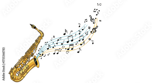 A beautiful golden saxophone with musical notes flowing outwards into the air creating a melody.