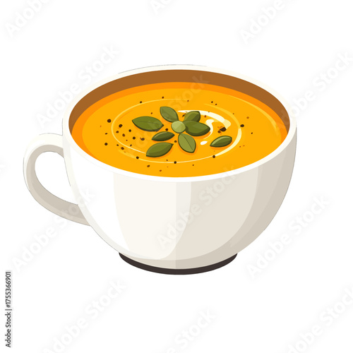 Close up Shot of Creamy Orange Soup in White Cup with Green Garnish and Black Pepper Top View Against White Background