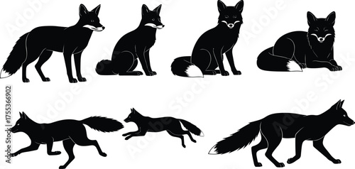 Fox silhouette, sitting fox, running fox, leaping fox, walking fox, wildlife vector, forest animal, hunting design, nature illustration, wild mammal