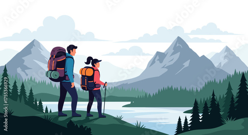 Two hikers stand on a hill overlooking a vast mountain range and a serene lake.