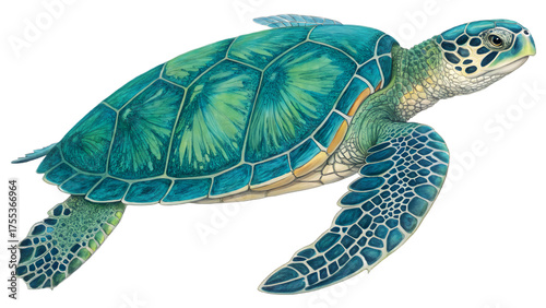Realistic Sea Turtle Illustration in Green and Blue with Artistic Underwater Detailing