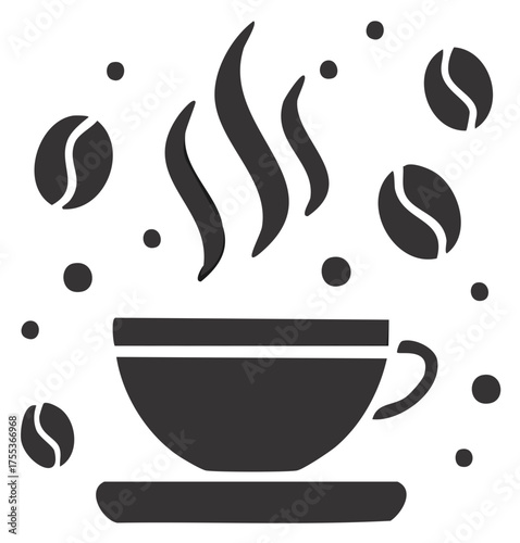 Graphic icon of a steaming hot coffee cup on a saucer with floating coffee beans