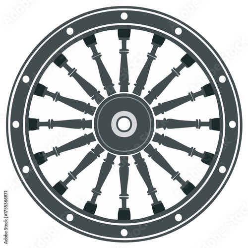 Monochrome vector illustration of an ornate antique wagon wheel or Indian Ashoka Chakra symbol
