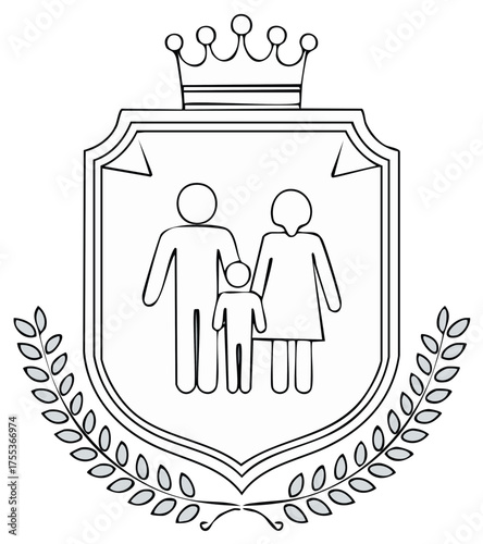 Royal family coat of arms with a crown and laurel wreath line art illustration