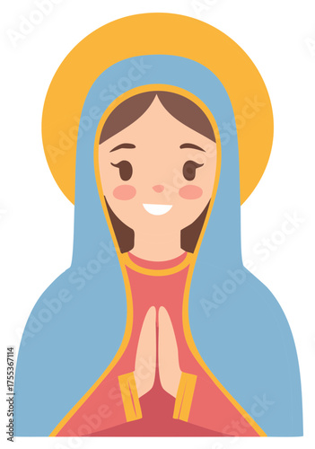Smiling religious woman in blue veil praying with hands clasped, halo overhead