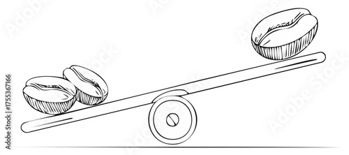 A simple line drawing of coffee beans on an imbalanced scale comparing weight and value