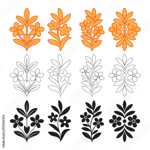 Decorative floral leaf vector ornament set, elegant botanical flower elements, autumn inspired nature collection for pattern, textile, or decorative design