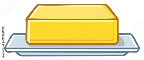 Simple cartoon illustration of a block of butter on a dish, a dairy product for breakfast and baking