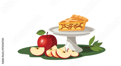 A delightful slice of freshly baked apple pie on a stand with whole and sliced apples beside it.