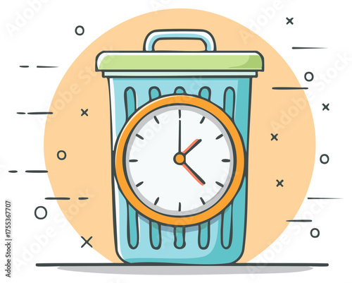 Procrastination metaphor with clock inside of a trash can, representing bad time management