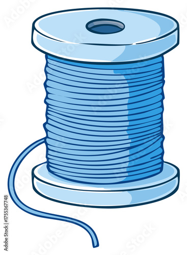 Single spool of blue thread with a loose strand on a white background