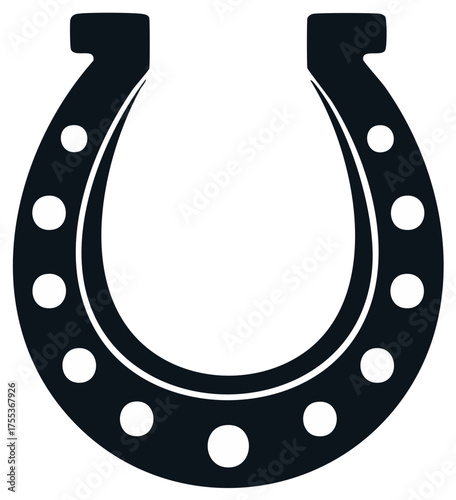Simple black horseshoe silhouette with circular holes, isolated on white background