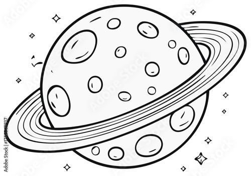 Rings adorn a cartoon space planet with moons line art style vector illustration