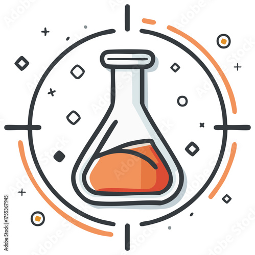 Science experiment flask with target and scientific elements in a doodle style