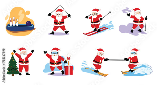 Various activities of Santa Claus on holiday season adventures.