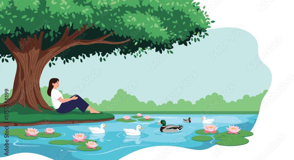 Fototapeta premium A woman relaxes by a tranquil pond surrounded by nature and wildlife.