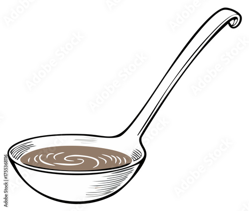 Hand drawn ladle filled with liquid soup or broth cooking ingredient illustration