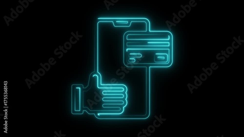 Neon Blue Credit Card and Thumbs Up Icon on Smartphone Screen mobile payment online shopping