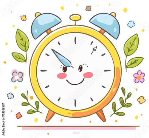Cute yellow alarm clock illustration with cheerful face surrounded by green foliage and blossoms