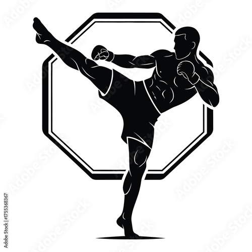 Dynamic silhouette of fighter executing powerful kick in octagon, perfect for martial arts gym branding and fight promotion visuals