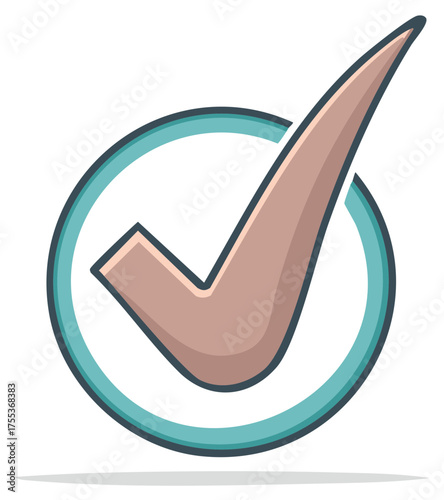 Brown check mark symbol in a turquoise ring indicating approval or correctness