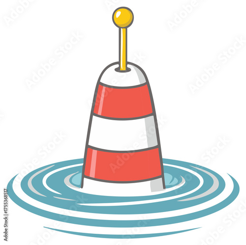 Striped red and white navigational buoy floating in the ocean with water ripples vector art