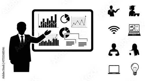 Modern Teaching Silhouette Icon Set – Teacher Explaining with Digital Smartboard and Interactive Charts, Minimal Vector Illustrations Representing Innovative Classroom Learning Tools