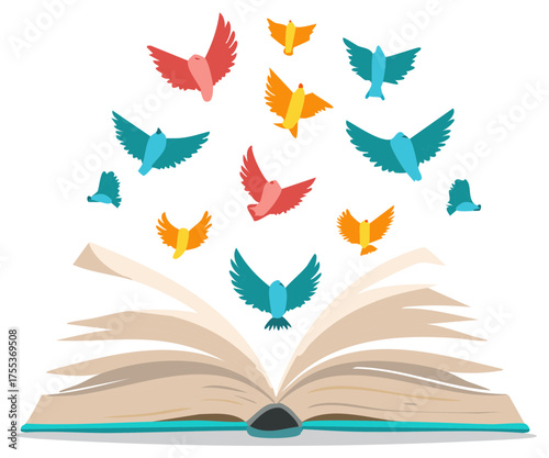 Colorful birds flying from an open book in a conceptual illustration of imagination and knowledge