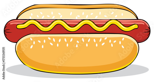 Cartoon illustration of a hot dog with mustard and sesame seed bun