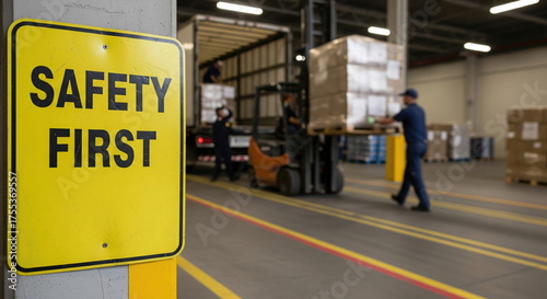 A prominent 'Safety First' sign highlights workplace safety in a busy industrial warehouse with forklifts and workers handling logistics and freight.