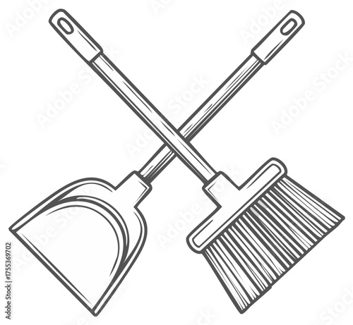 Dustpan and Broom Cleaning Tools Crossed Outline Style Illustration Sanitation Equipment