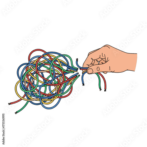 Human Hand Untangling Mess of Colorful Wires Against White Background Illustration
