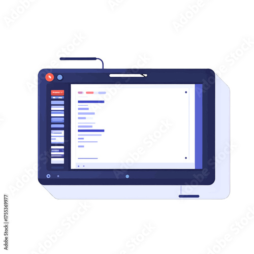 Flat Illustration of a Dark Blue Computer Monitor Displaying Code on a White Background with Clean Minimalist Lines