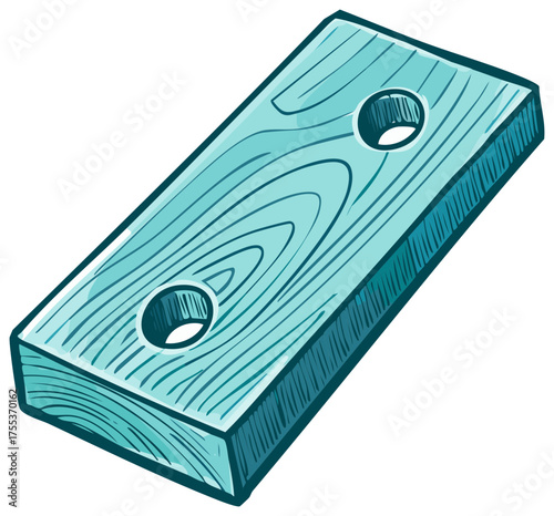 Teal wooden plank with distinct grain and two bored holes illustration for a simple construction or creative craft project