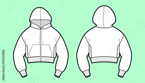 Cropped Oversized Zip-Up Hoodie Flat Sketch - Front and Back