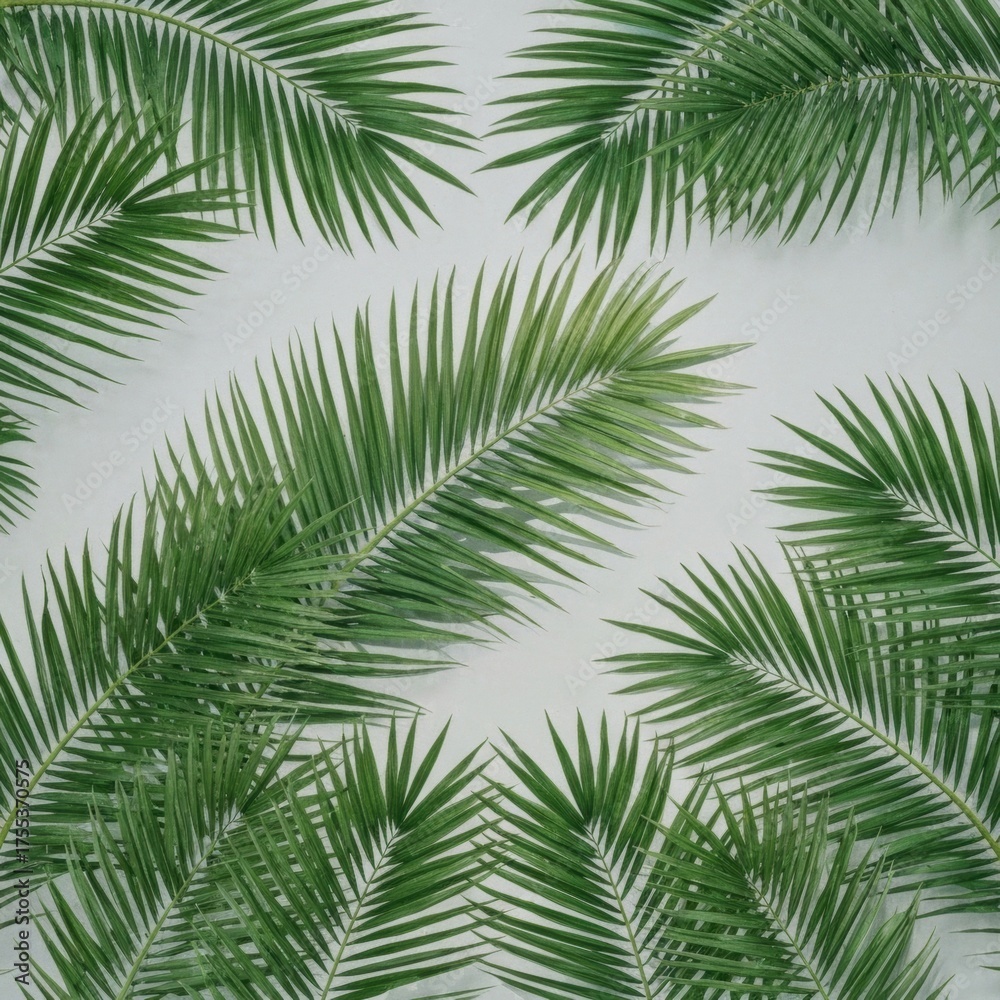 Obraz premium Pattern Of Green Palm Fronds On White Textured Background With Natural Lighting