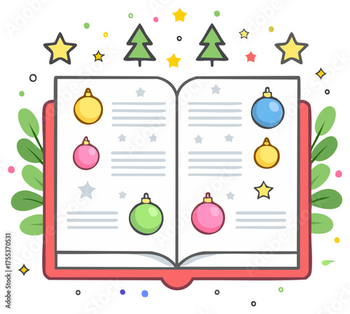Open book displaying Christmas baubles and fir trees with stars decoration festive