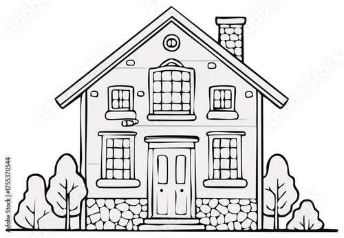 Hand-drawn cute suburban house facade with chimney, trees, stone foundation and window frames