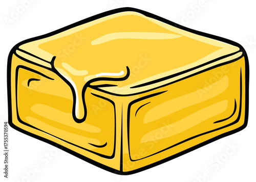 Cartoon illustration of a square piece of cheddar cheese with melted cheese driping down the side, showcasing dairy delight and savory allure