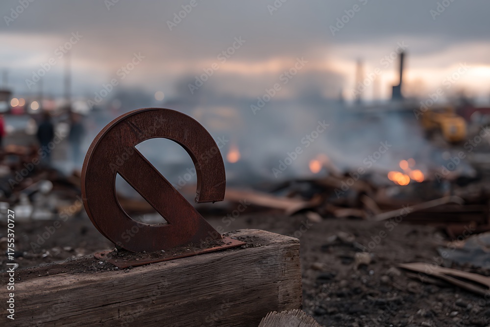 Fototapeta premium Rusty Prohibition Symbol Stands Amidst A Burning, Smoking Disaster Zone, Warning Signifying A Forbidden Area And Environmental Catastrophe, disaster zone, forbidden, environmental warning