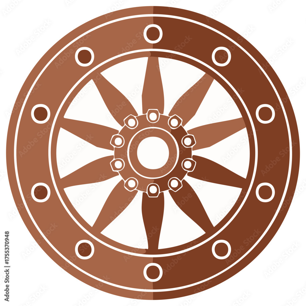 Obraz premium Brown wooden wheel illustration with spokes and circular pattern vintage decoration