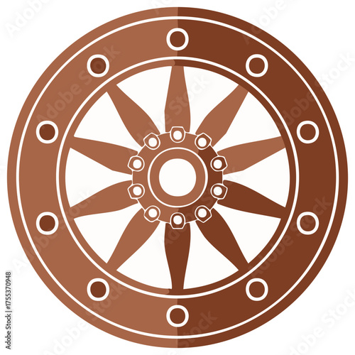 Brown wooden wheel illustration with spokes and circular pattern vintage decoration