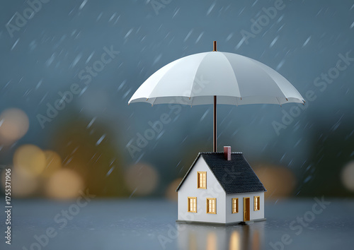 Repair and Replacement service coverage. Miniature house with umbrella protecting it from rain.