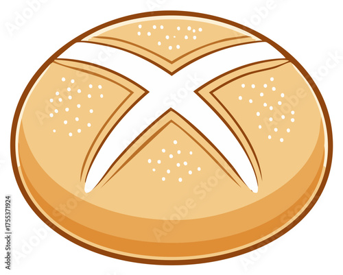 Cartoon vector illustration of a round crusty bread roll with a cross scored on top.