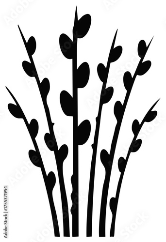 Black silhouette of pussy willow branches with catkins, Easter illustration