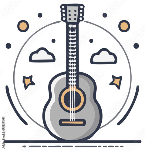 Stylized acoustic guitar with celestial elements and musical notes