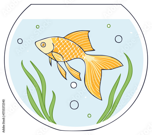 Illustration of a goldfish swimming in a glass fishbowl with aquatic plants and bubbles.