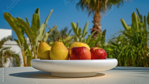 Fruit bowl outdoors pears, apples, against lush foliage